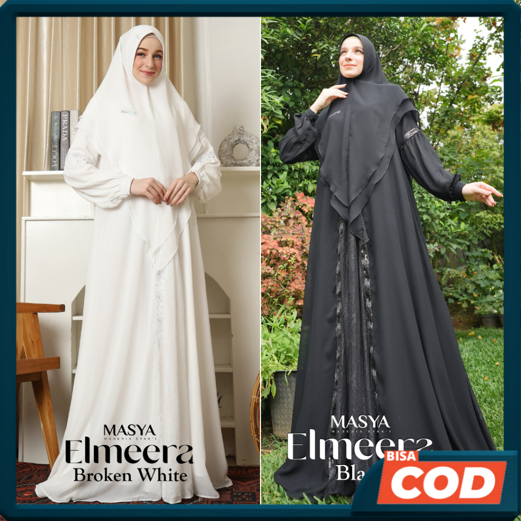 ELMEERA Set Baju Gamis Dress Sifon Silk Putih Broken White Black Modern Mewah Brukat Sparkling Premi