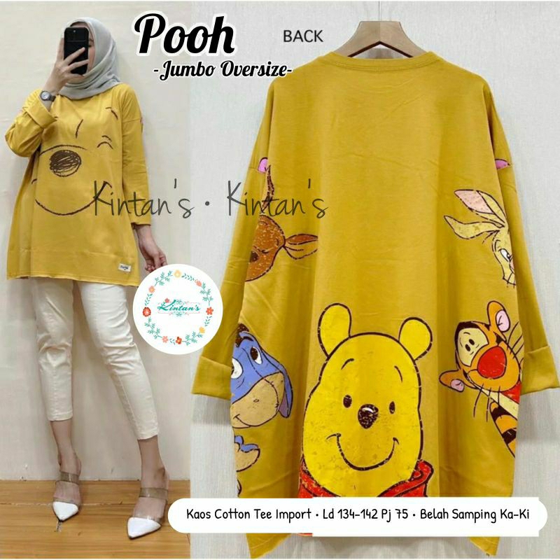 Pooh Tunik Oversize Kaos Katun Import Jumbo Fit XXL XXXL 4L Ld120 Ld130 Ld140 Bahan Melar Adem Belah