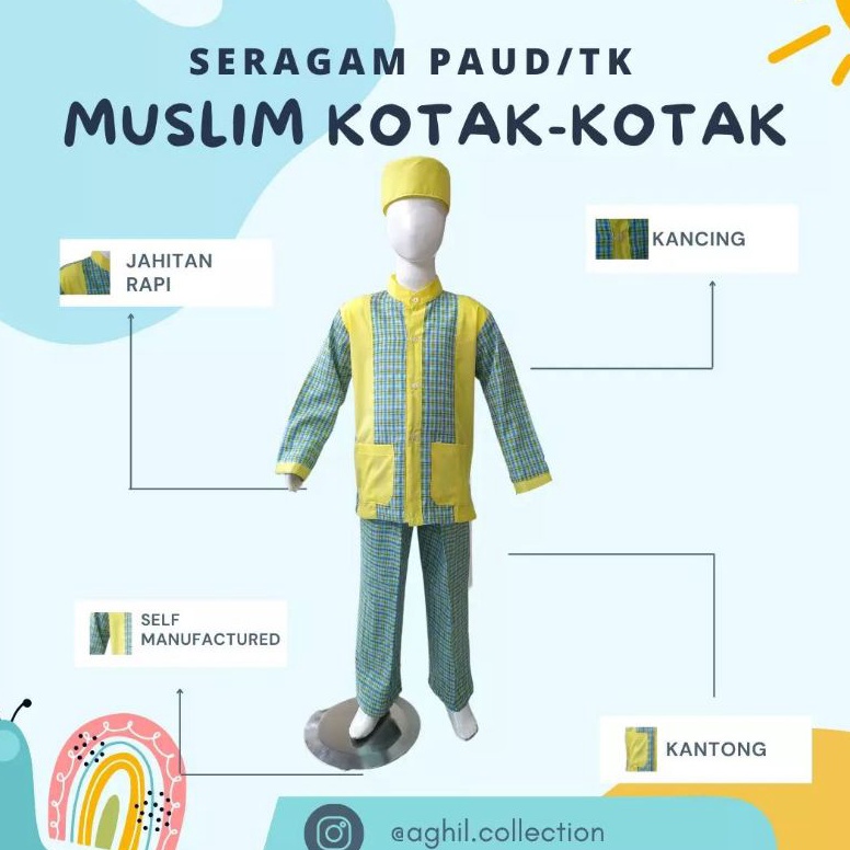 Recomended.. SERAGAM TK/PAUD MUSLIM KOTAK-KOTAK BAJU TK/PAUD KOTAK-KOTAK KUNING HIJAU