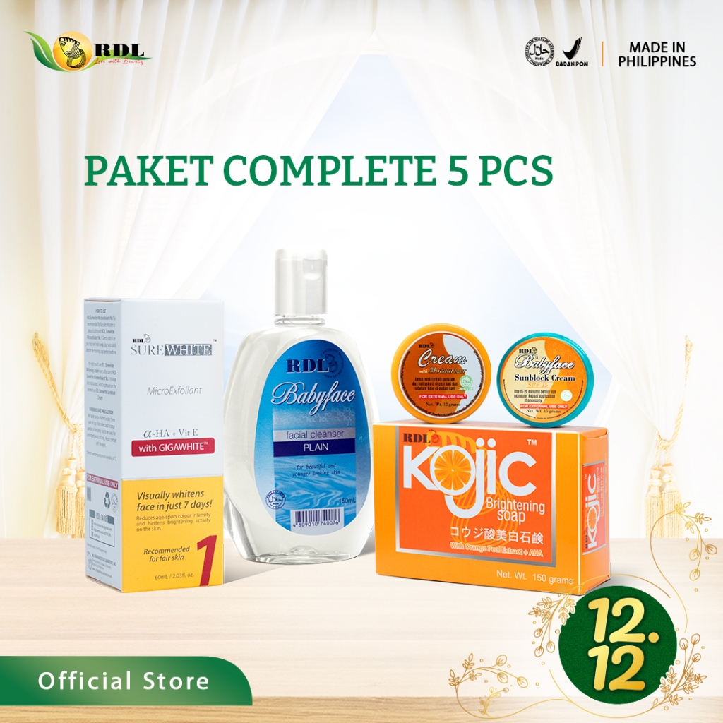 RDL Paket Complete SureWhite 1 Skincare Mencerahkan dan Meratakan Warna Kulit Wajah Papaya Kojic Moisturizer Cream Sabun Cuci Muka Facial Cleanser Toner Sunblock