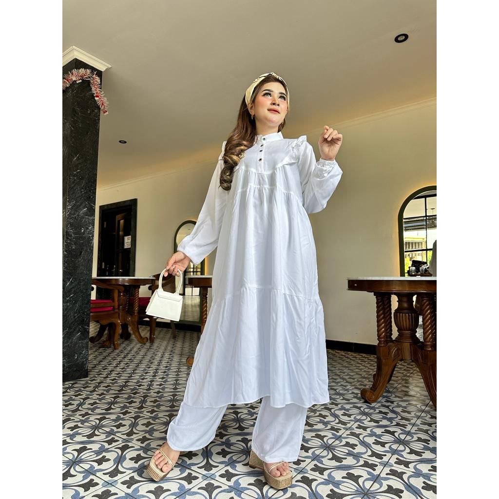 One Set Tunik Rayon Diamond Motif Polos Setelan Long Tunik Wanita Setelan Oneset Tunik Jumbo Lengan 