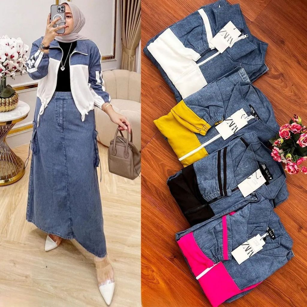 setelan jaket dan rok jeans mix toyobo 2in1 0ne set outer set wanita terkini