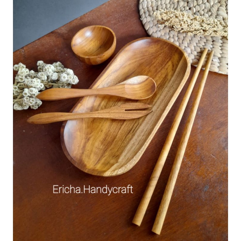 piring sushi set kayu jati oval 20cm/set piring jati 20cm