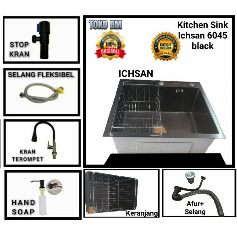 kitchen sink ichsan 6045 black tanpa pisau/sink ichsan 6045 hitam doff