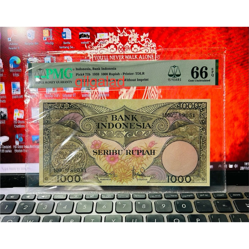 UANG KUNO 1000 RUPIAH BUNGA 1959 SERTIFIKASI PMG 66 EPQ