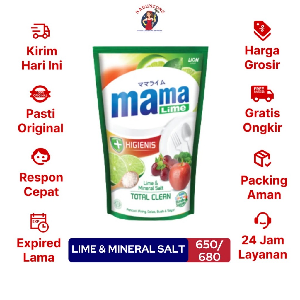Sabun Cuci Piring Mama Lemon Jeruk Nipis / Mama Lime Charcoal / Mama Lime Green Tea / Mama Lime Anti Bacterial Lime + Mineral Salt Pouch Refill 650/700 ml