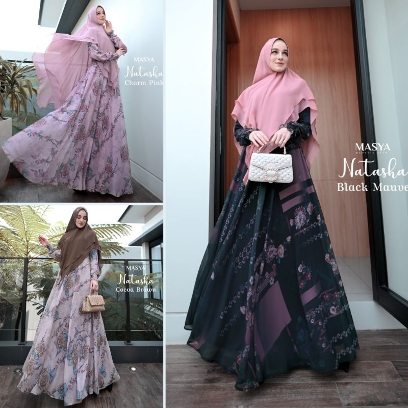 Set Gamis Dress Ceruty Babydoll Syari Branded Pink - Coksu - Coklat Tua - Coklat Susu - Black - Mauv