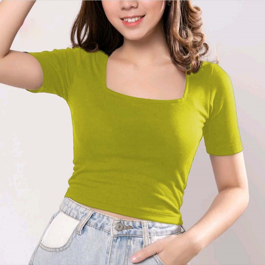 Atasan Crop Top Wanita Squareneck Warna Hijau Lime