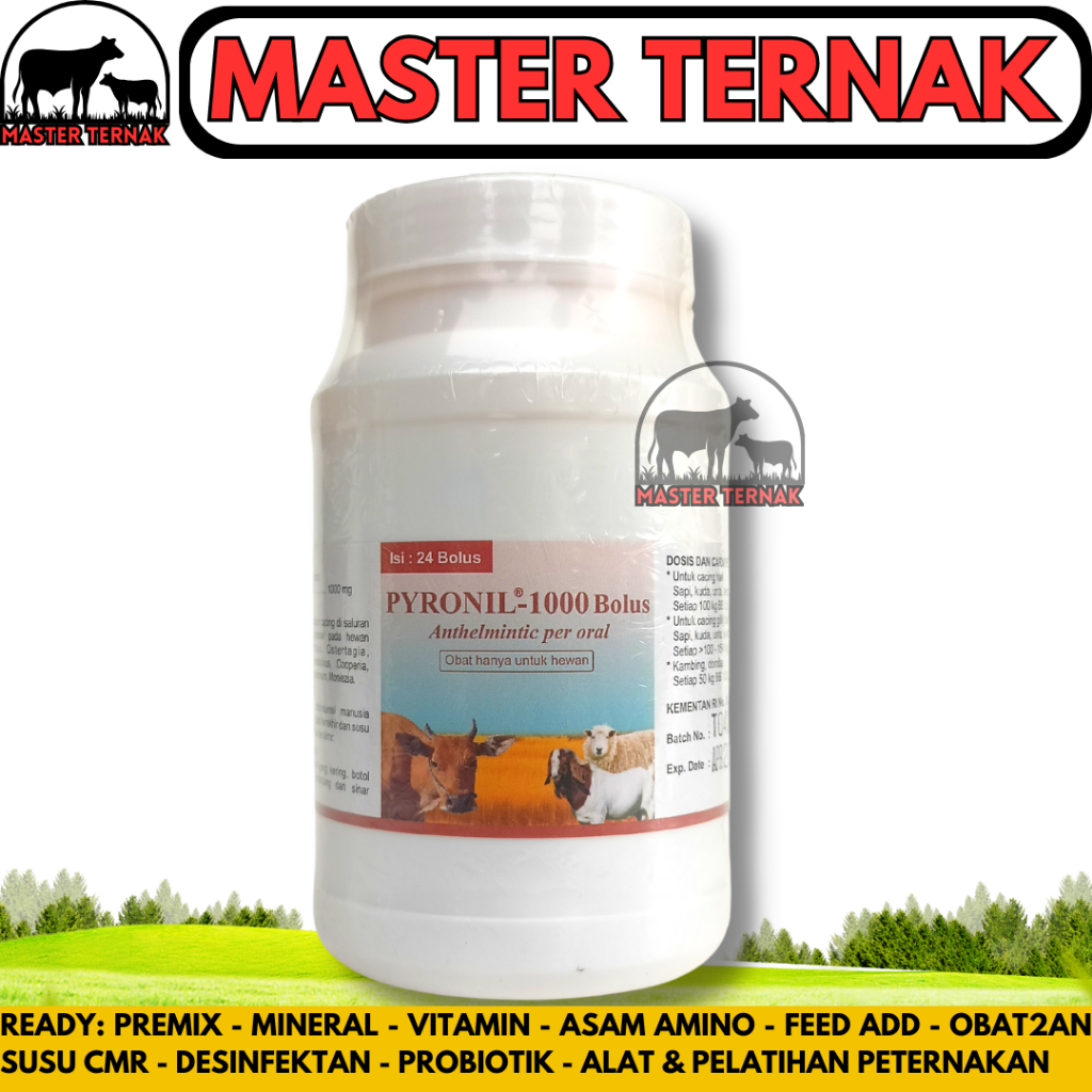 PYRONIL 1000 mg 1 POT (24BOLUS) - Obat Cacing Paru Hati Pencernaan Hewan Kambing Domba Babi Sapi Kud
