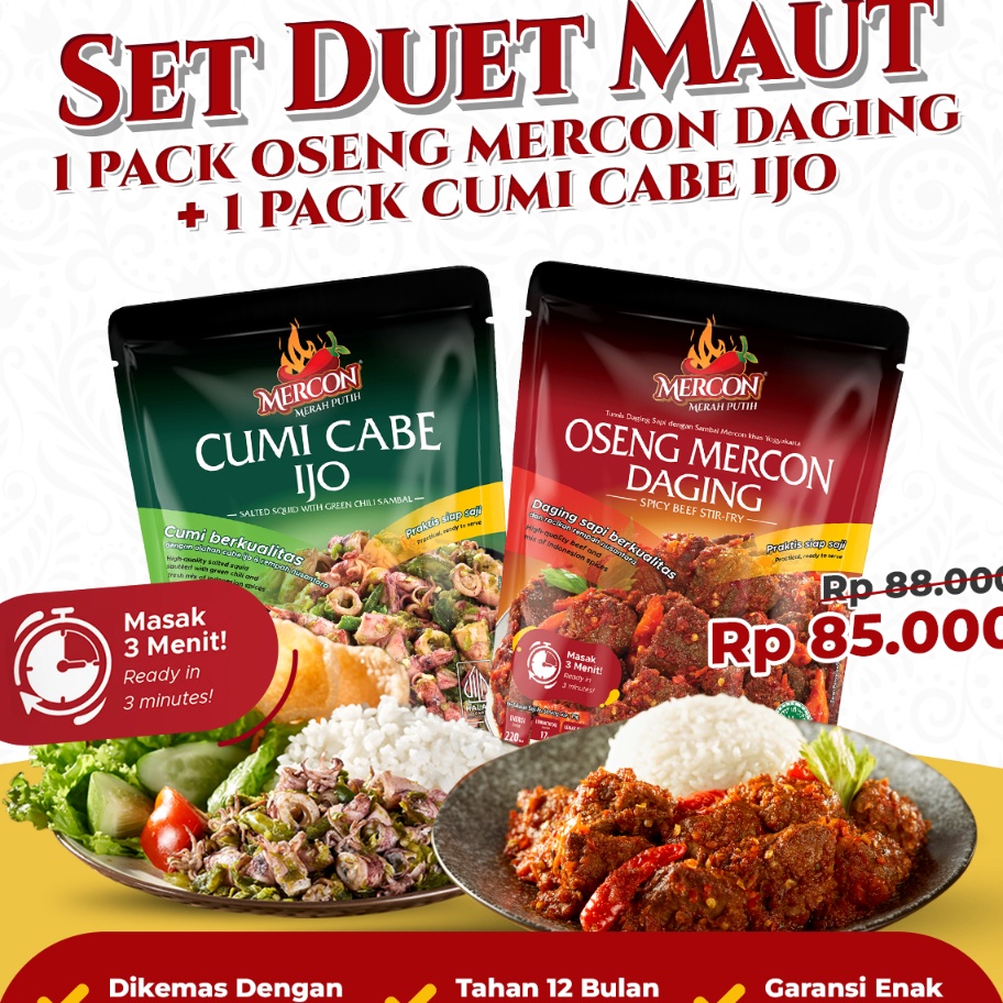 

MTBM5436 Stok terbaru Mercon Merah Putih - Set Duet Maut || Oseng Mercon Daging + Cumi Cabe Ijo