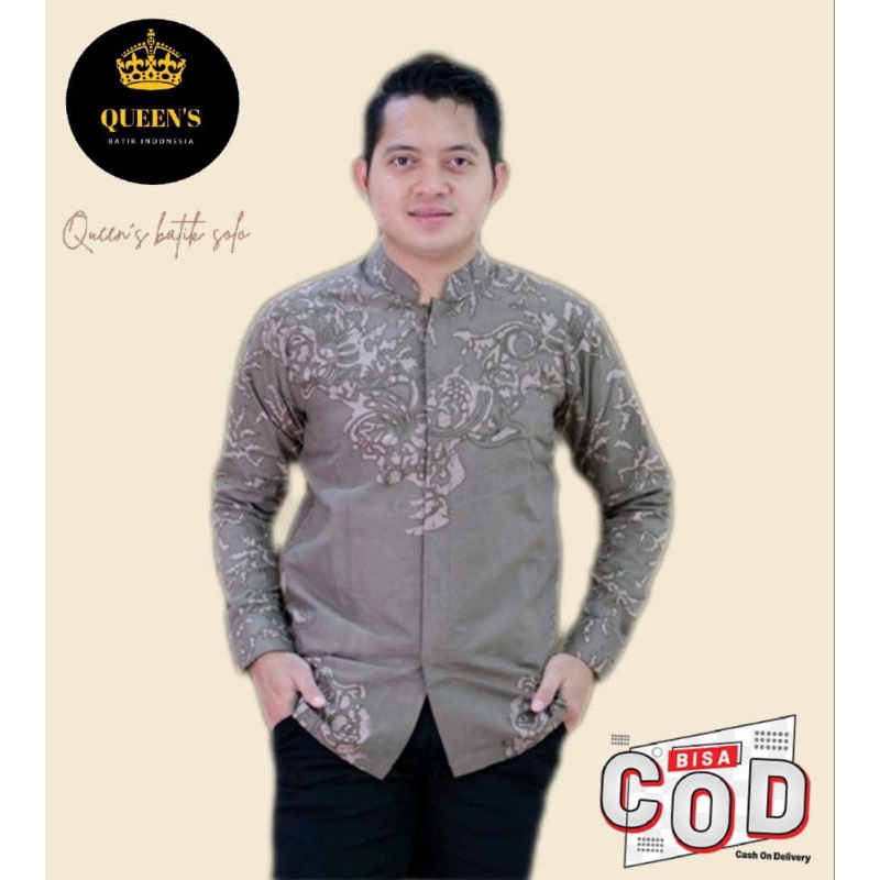 BAJU KOKO BATIK SOLO PREMIUM LAPIS FURING MUSLIM LENGAN PANJANG KERAH SHANGHAI BAJU LEBARAN