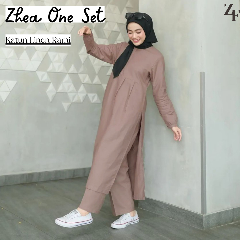 Zhea Setelan Wanita Kekinian Ruffle Tunik + Celana Kulot Jumbo Bahan Katun Linen Rami Polos Adem Pre