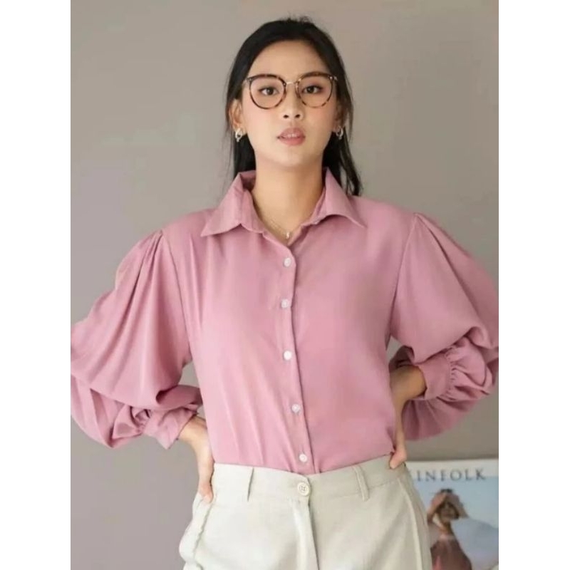 Blouse Kemeja Wanita Crinkle Terbaru Oversize Lengan Balon Uk XL