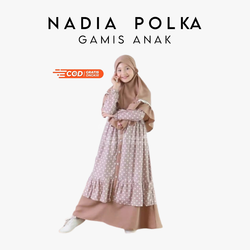 MLK-BAJU GAMIS ANAK PEREMPUAN TANGGUNG SET HIJAB TERBARU NADIA POLKA USIA 10 - 12 TAHUN BAHAN MONALI