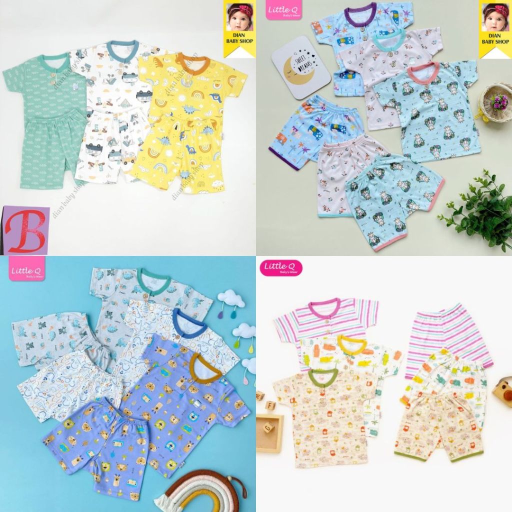LITTLE Q || 3Set Setelan Baju Bayi (( PENDEK_KANCING DADA )) PRINT | Baju Lengan Pendek | Celana Pen