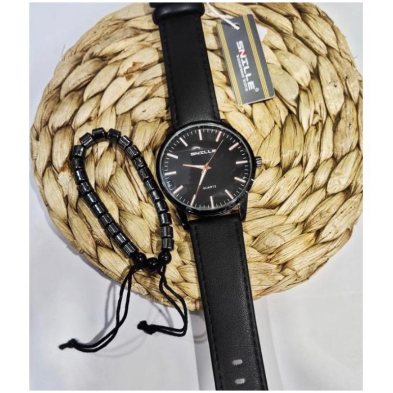Jam Tangan Pria SNILLE Kulit Asli Waterproof Watch Free Gelang Keren