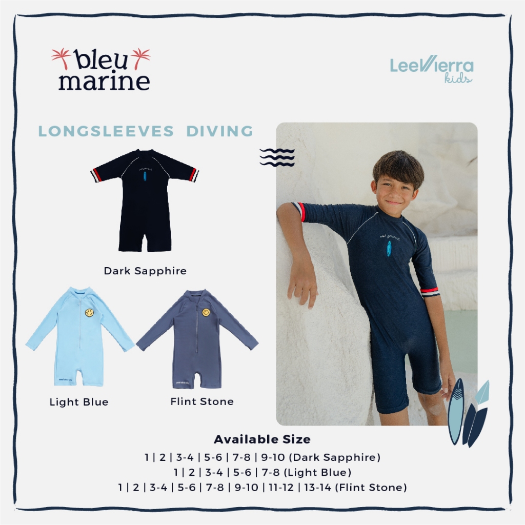 Bleu Marine Unisex Long Sleeves Diving Swimwear, Baju Renang Anak