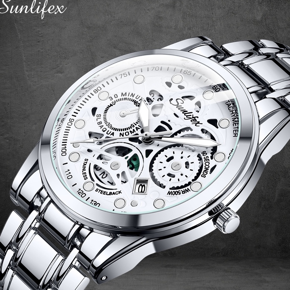 ↑❂❉ Sunlifex Jam Tangan Pria 9001 Original Display Kuarsa Anti Air Tali Stainless Steel Santai Mode 