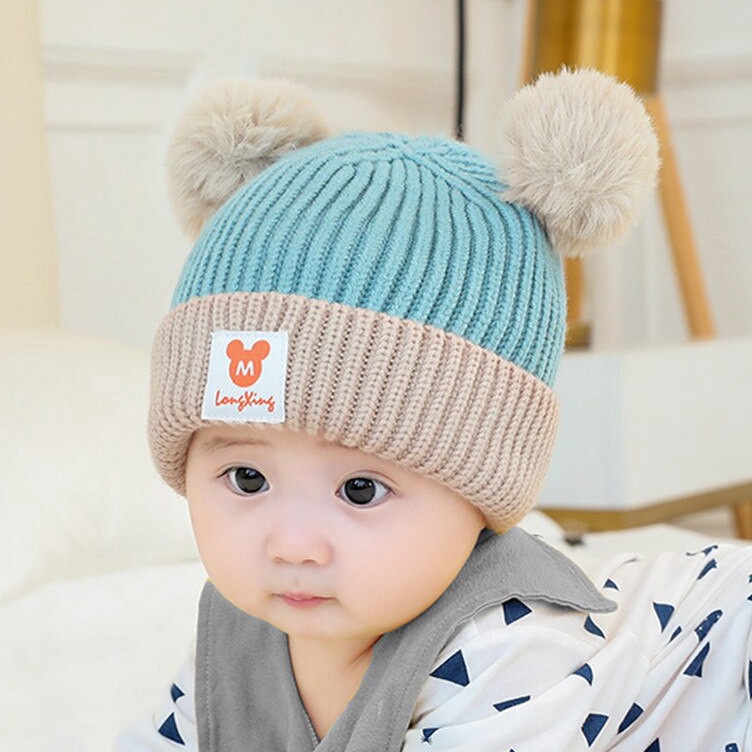 Topi Anak Bayi Kupluk Cewek Pompom 2 Warna / topi bayi perempuan 0-6 bulan lucu korea / Topi Anak Ba