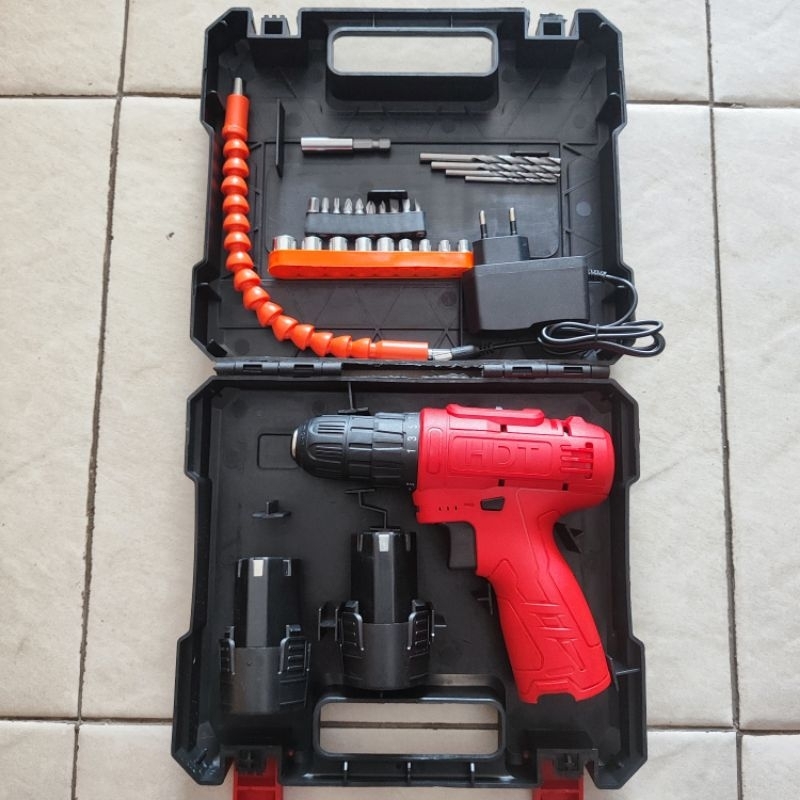 Mesin Bor Baterai Cas Cordless Drill Set Mata Bor Obeng Sok HDT CDD405