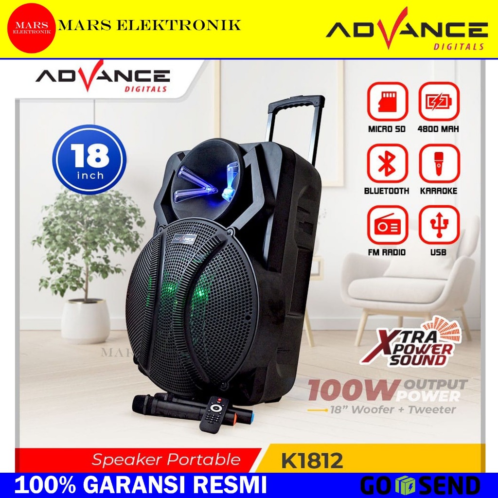 SPEAKER ADVANCE PORTABLE BLUETOOTH K-1812 ( 18 INCHI ) - MEETING FREE 2 MICROPHONE - READY - PENGUAT