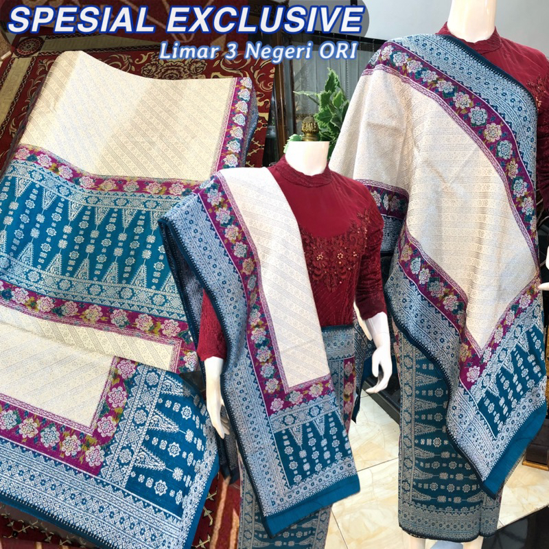 SPESIAL EXCLUSIVE Songket limar 3 Negeri ORI/putih tumpal Biru toska  / Songket tenun palembang asli
