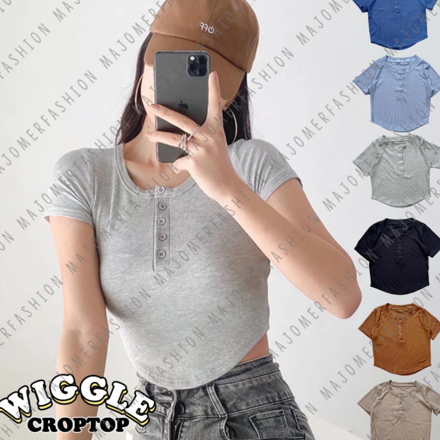 Promo Majomer | Wiggle Crop Top Lengan Pendek - Atasan Wanita Kancing Rib Crop.