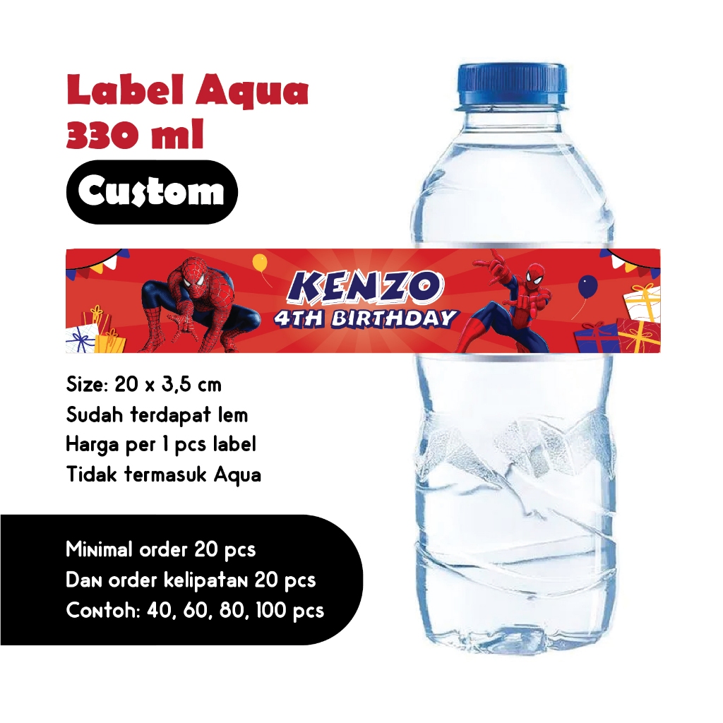 

LABEL AQUA 330 ML SPIDERMAN AVENGERS MARVEL CUSTOM NAMA UMUR CUSTOM NAMA BELT KERTAS AQUA UCAPAN ULANG TAHUN HAPPY BIRTHDAY DEKORASI ULTAH DEKOR HIASAN TABLE DEKOR SUPERHERO