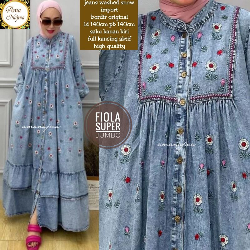 Gamis Jeans super jumbo murah Ld:130cm, ld:134cm & ld:140cm bordir original