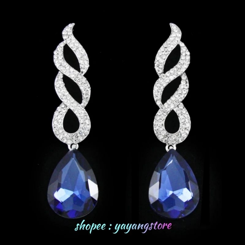 Anting Batu Permata Saphire Biru dan Silver / Anting Pesta Mewah Wanita / Anting Korea Bandul Batu K