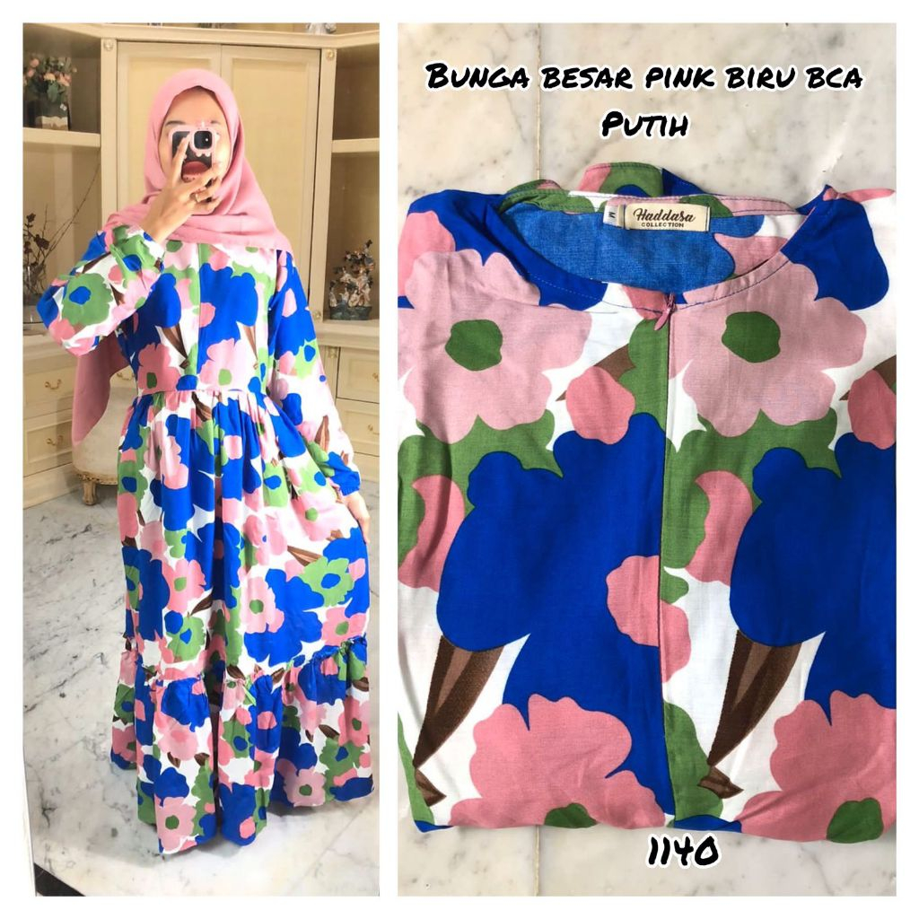 GAMIS RAYON MOTIF BUNGA BESAR PINK BIRU BCA (PUTIH)