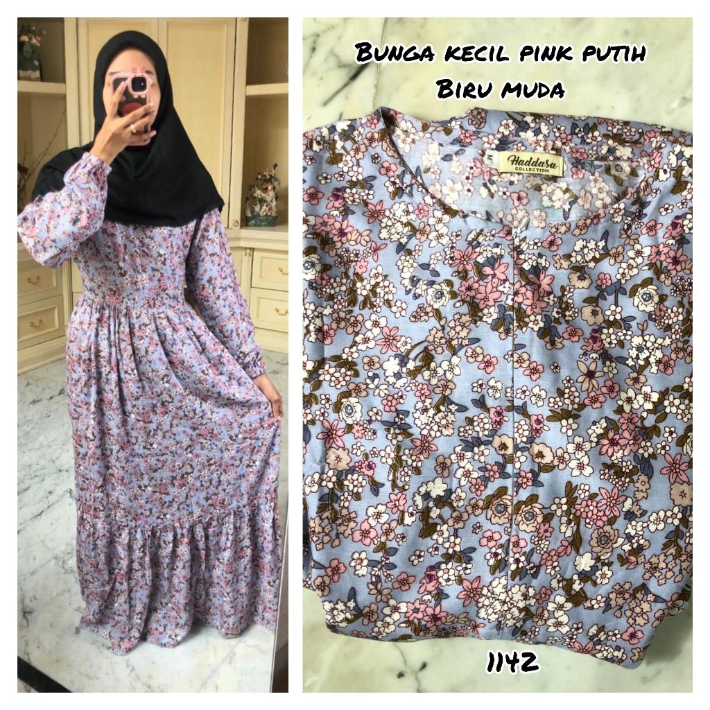 GAMIS RAYON MOTIF BUNGA KECIL KECIL PINK PUTIH (BIRU MUDA)