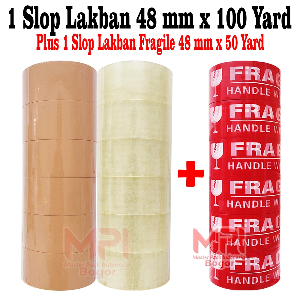 

PAKET HEMAT LAKBAN - 1 SLOP Lakban Bening - Lakban Coklat MPI 48 mm x 100 yard + 1 SLOP Lakban Fragile Merah 48 mm x 50 yard - Master Pack Indonesia Bogor