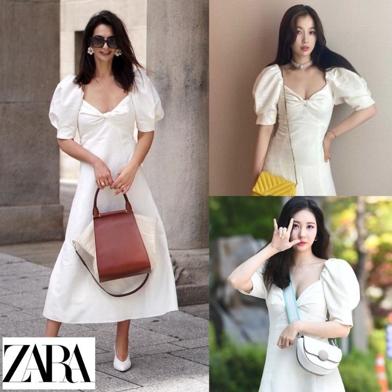 [ZARA] Sunmi & Esther Yu Rustic Linen Long Dress With Knot Tie Detail Puffy Tie Cotton Square Neck S