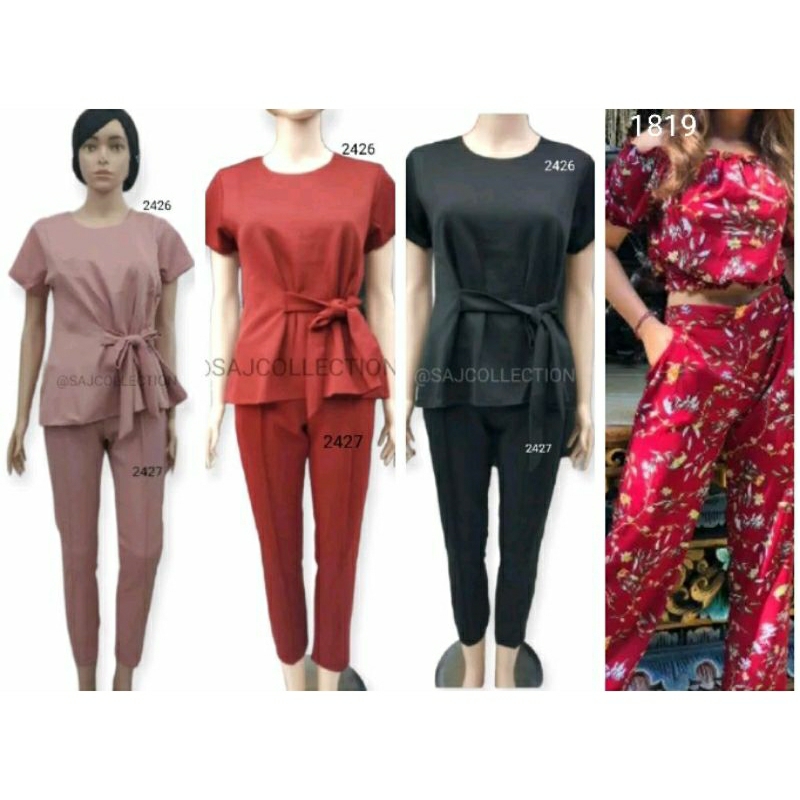 BAJU WANITA SETELAN BLOUSE IKAT POLOS BLUS+CELANA PANJANG ONE SET  2426