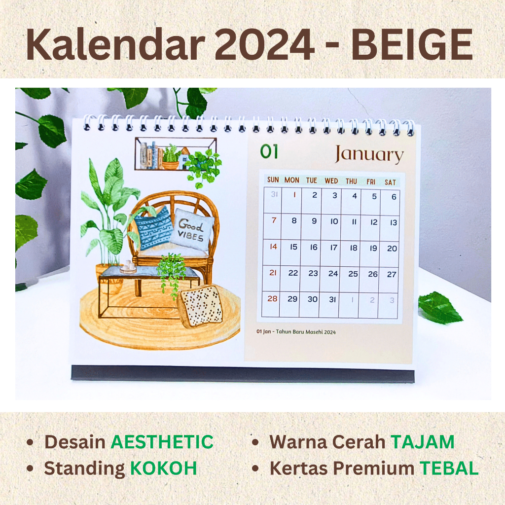 BEIGE - Kalender 2025 2004 aesthetic , Kalender meja 2025 , Kalendar 2025, Kalendar Tebal Besar A5 ,