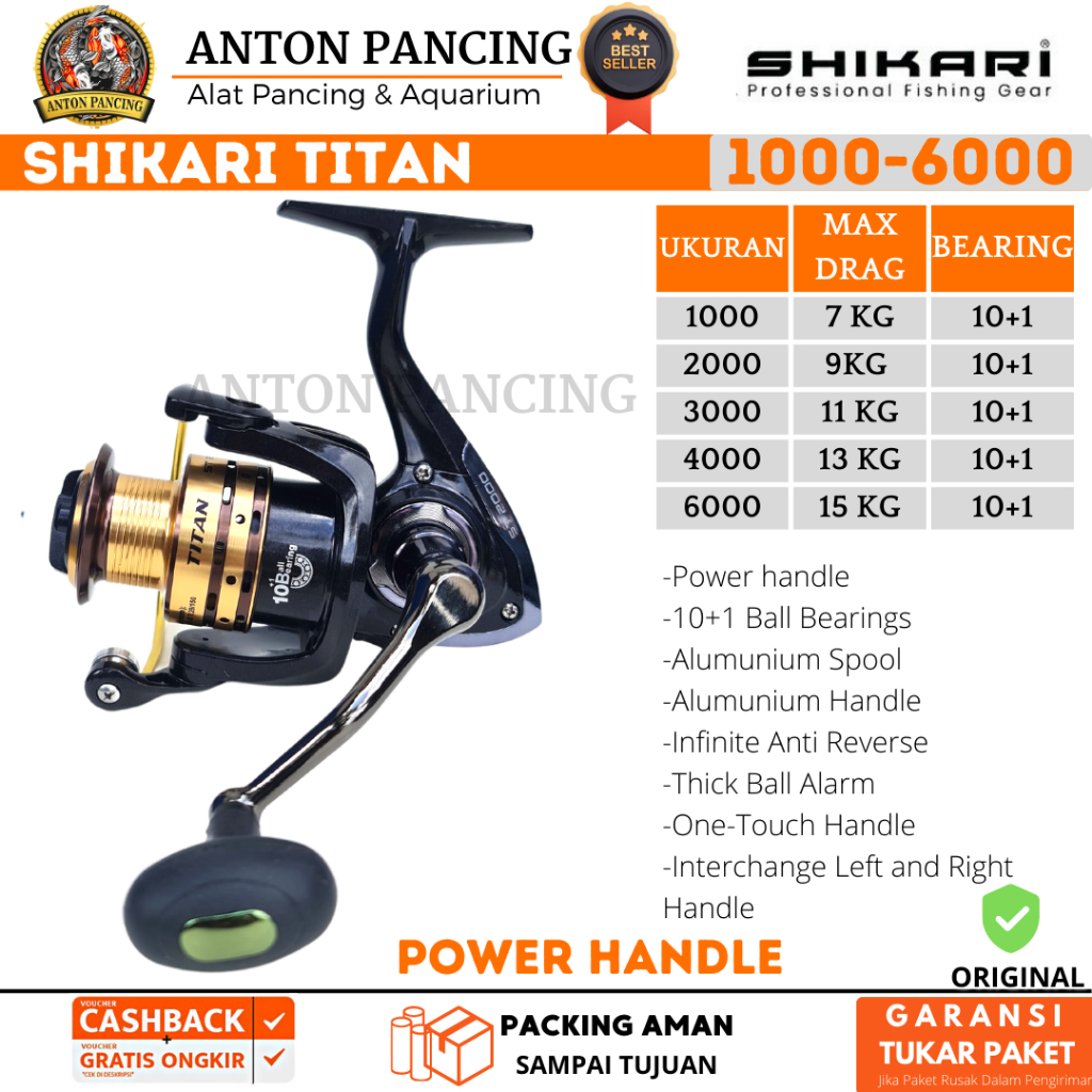 Reel Pancing Shikari Titan 1000 2000 3000 4000 6000 Power Handle Max Drag 15 kg