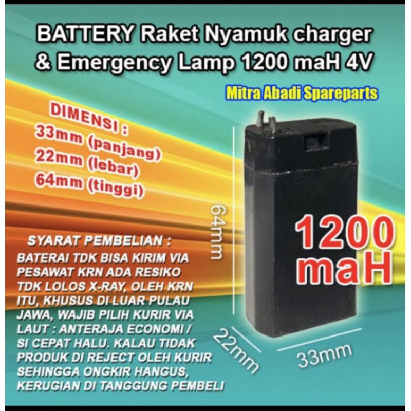baterai raket nyamuk Dan emergency lamp aki 1200 MAH 4v