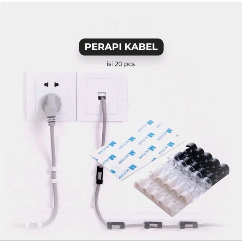 Klip Pengikat Perekat Kabel Organizer Clip Cable isi 20PC Black Hitam Putih Bening Besar Kecil