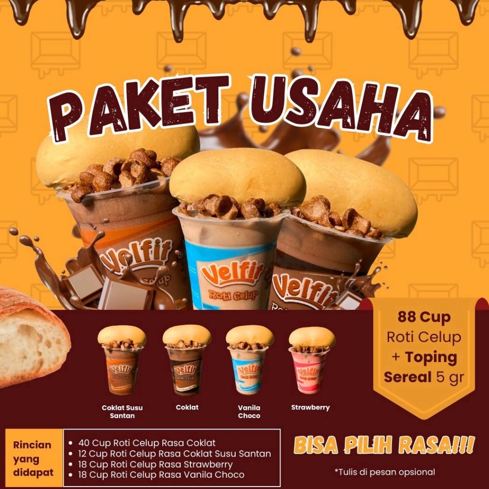 

[ΩT78&] Paket Usaha 88Cup Velfit Roti Celup Big Promo