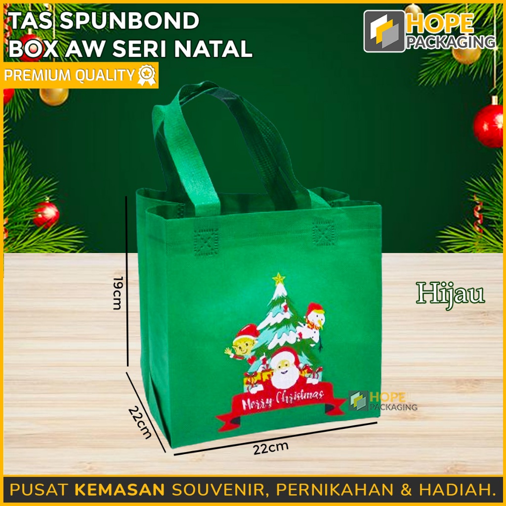 

Tas Spunbond AW Motif Natal HIJAU/ Tas Hampers Natal Kotak uk: 22x22 / Goodie Bag Santa