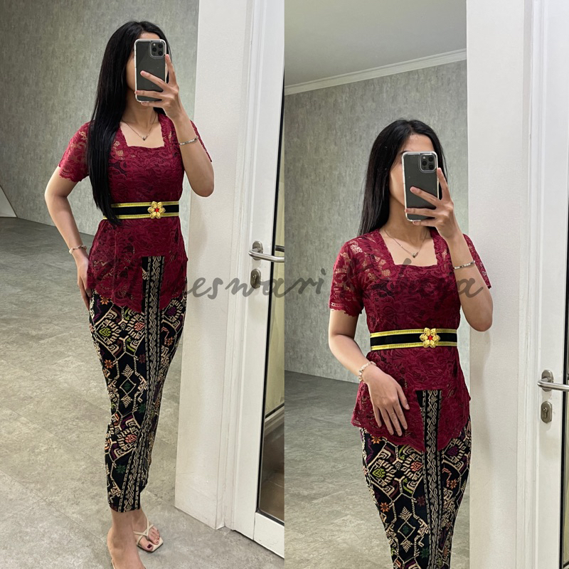 Kebaya Bali Set Brukat Pendek Maron Rok Lycra