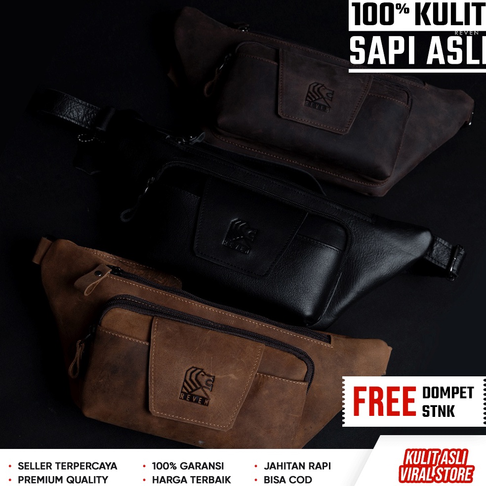 Terpercaya.. Tas Pinggang Pria Full Kulit Sapi Asli 100% Original Bermerek Branded Waistbag Cowok el