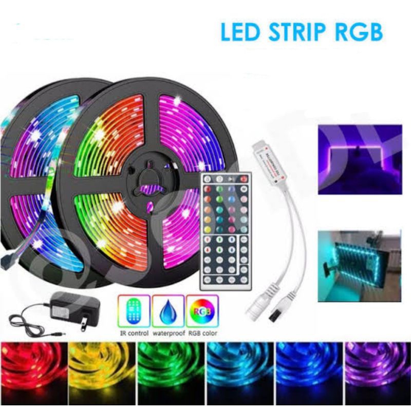 PAKET LAMPU LED STRIP RGB 2835 5050 3528 WARNA WARNI 5M 10 METER IP44 WATERPROF KOMPLIT 1 SETT ADAPT
