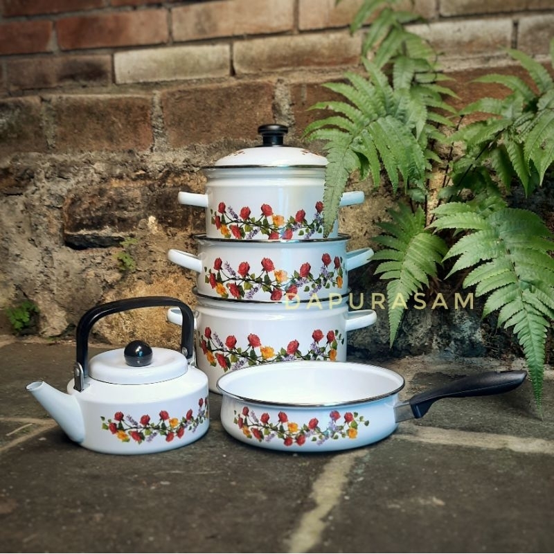 Set Panci Kettle Thalia Plus Enamel motif Bunga