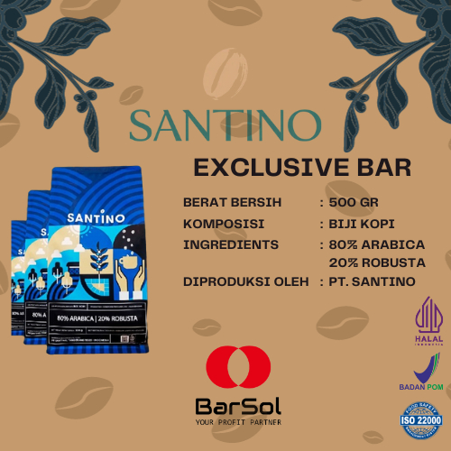 

Santino Coffee Beans Exclusive Bar (80:20) 500 Gr - Barsol Indonesia