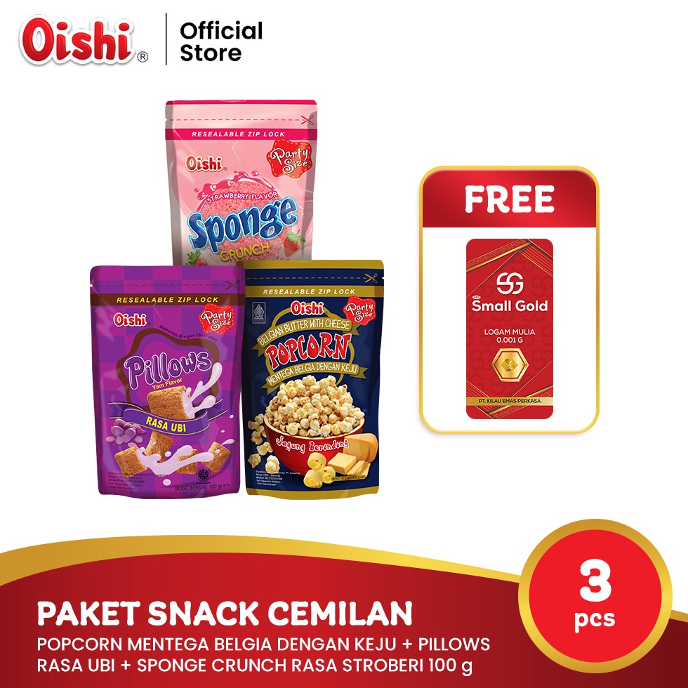 

[Produk OW52] Oishi Paket Snack Cemilan [100 gr x 3 pcs] FREE Mini Gold - Makanan Ringan Popcorn Mentega Belgia Keju + Pillows Ubi + Sponge Stroberi 85