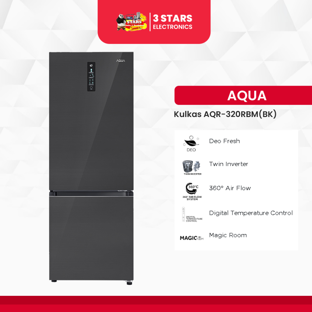 AQUA JAPAN AQR-320RBG(BK) Kulkas 2 Pintu Bottom Freezer Inverter 317 Liter