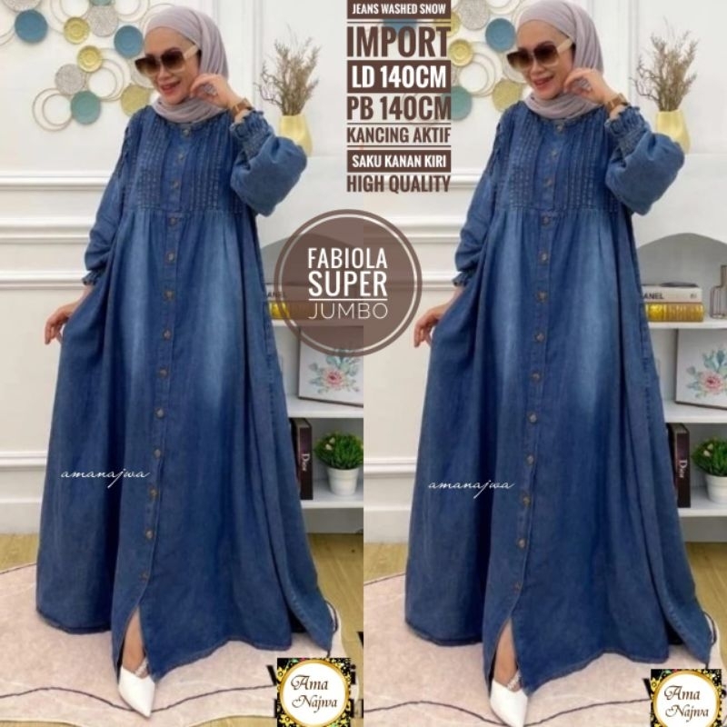 LD 140 | LD 120 Baju Gamis Jeans Washed Snow Import FABIOLA MAXY SUPER JUMBO