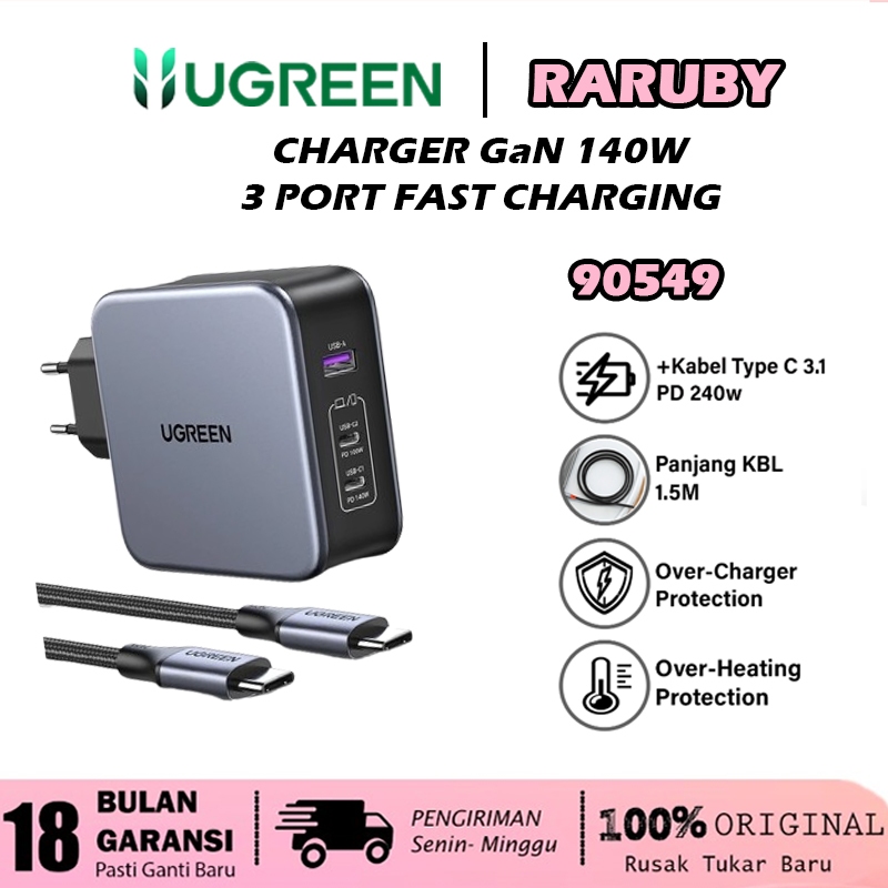 Ugreen Nexode Adaptor Kepala Charger GaN Adapter Fast Charging 20W 30W 45W 65W 100W 140W 200W Laptop Handphone Iphone Android-140W GREY